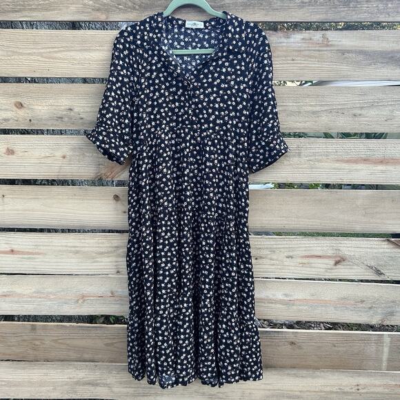 Natural Life Rebecca Black Cream Roses Midi Dress Size Large - Picture 1 of 6